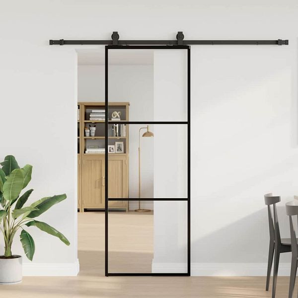 vidaXL Schiebetür mit Beschlag Schwarz 76x205 cm ESG-Glas, 3375921