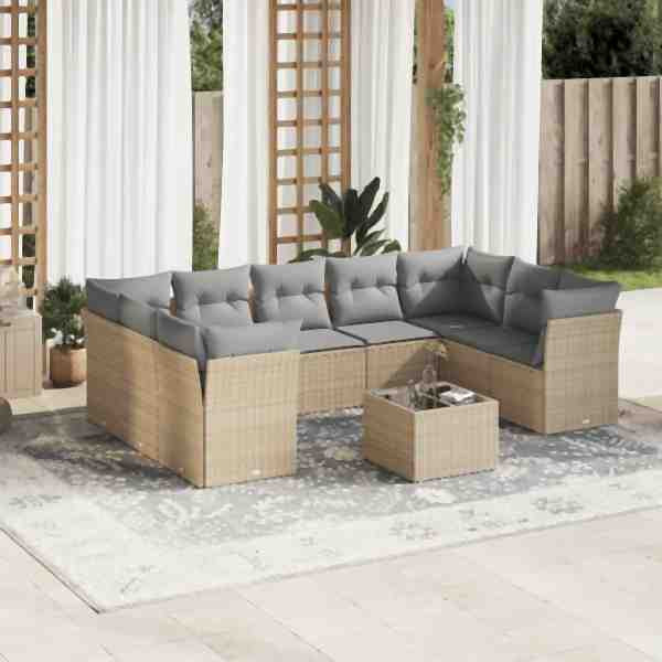vidaXL 10-tlg. Garten-Sofagarnitur mit Kissen Beige Poly Rattan, UV-beständig, 3218139