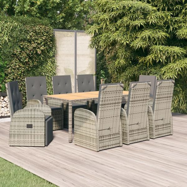 vidaXL 9-teilig Garten-Essgruppe mit Kissen Grau Poly Rattan, 3157590