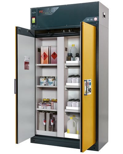 asecos Feuerbeständiger Umluft-Gefahrstoffschrank Custos, gelb, 3 Einlegeböden, mit Trennwand, 248481