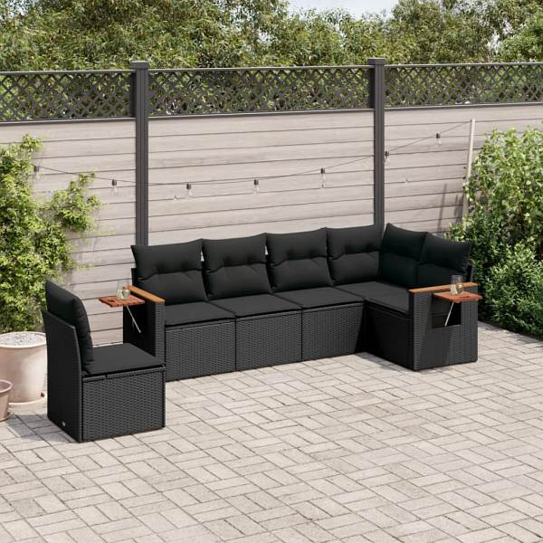 vidaXL 6-tlg. Garten-Sofagarnitur mit Kissen Schwarz Poly Rattan, UV-beständig, 3226853