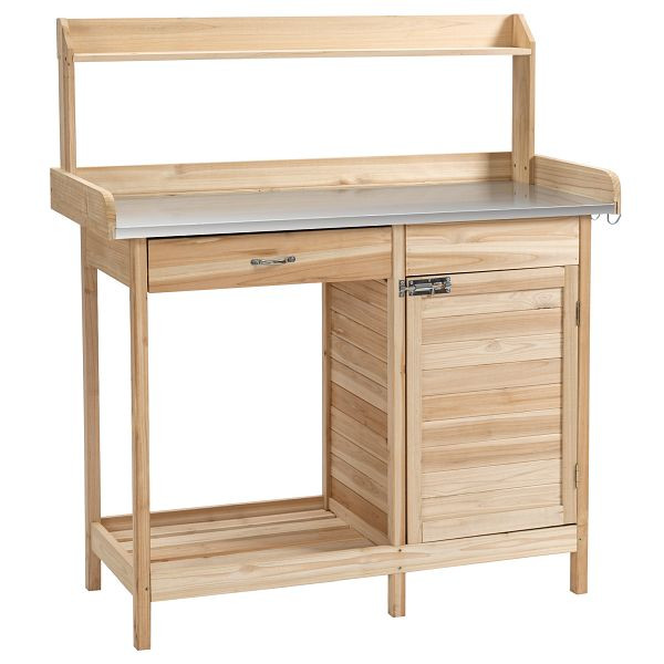 Outsunny Pflanztisch mit verzinkter Arbeitsplatte Gärtnertisch mit Schublade Schrank Garten Arbeitstisch Massivholz Natur 112 x 48 x 125 cm, 845-544ND