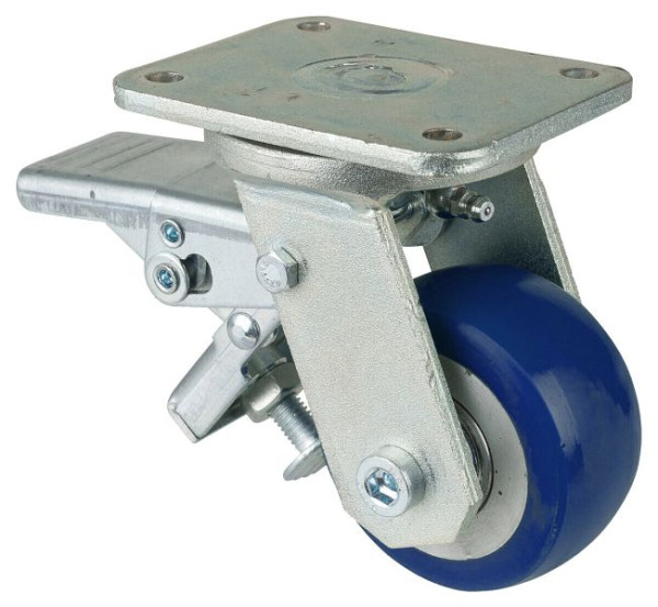 BS Rollen Schwerlastrolle Lenkrolle mit Feststeller, Polyurethanrad 83 Shore, Aluminiumfelge, Kugellager, Platte, Durchmesser: 80 mm, RR120.B92.080