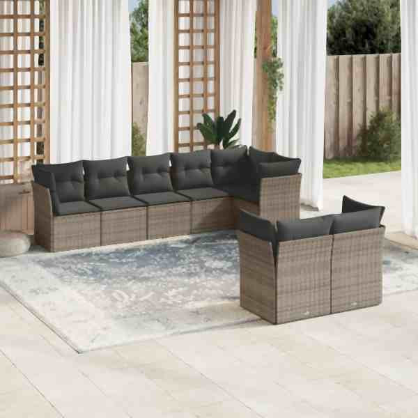 vidaXL 8-tlg. Garten-Sofagarnitur mit Kissen Grau Poly Rattan, UV-beständig, 3217910