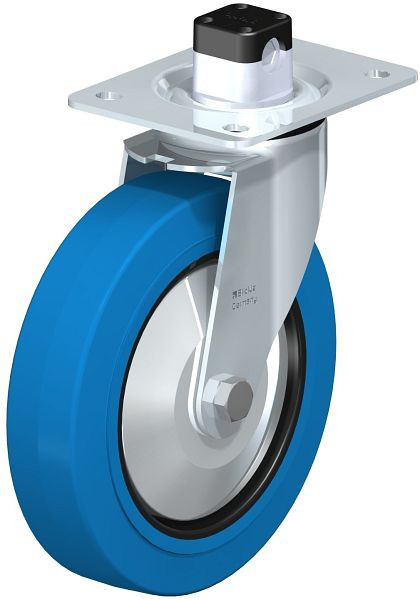 Blickle LE-POEV 200K-CS11-SB-FA Stahlblech-Lenkrolle mit Anschraubplatte & Zentralfeststeller, Elastik-Vollgummi, Blau, 850348