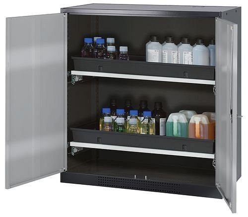 asecos Chemikalienschrank Systema-T CS-102, Korpus anthrazit, Flügeltüren silber, 2 Tablarauszüge, 208660