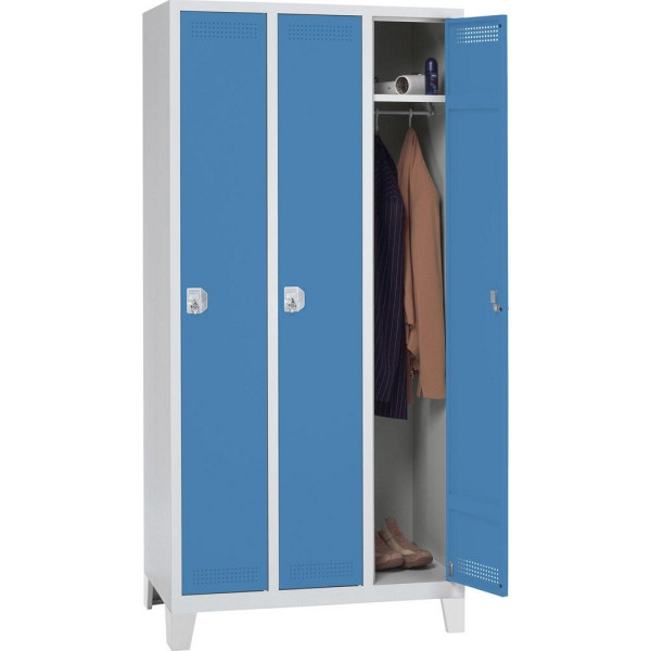 Deskin Garderoben-Stahlspind SP PROFI SYSTEM mit Füßen, 3 Abteile 300 mm, Drehriegel, Lichtgrau/lichtblau, H 1800 x B 870 x T 500 mm, 225812