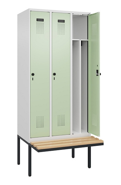 C+P Spind Evolo PLUS, 3 Abteile, 2120x900x815mm, 9016/6019, Haken 4, Drehriegel, Sitzfläche Holz, 0490407-30F S10019