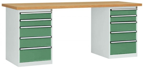 Manuflex Werkbanksystem COMBI, 2 Gehäuse Modell 2 mit massiver Bucheplatte, BxTxH = 2000 x 700 x 840 mm, Resedagrün, WC5113.6011
