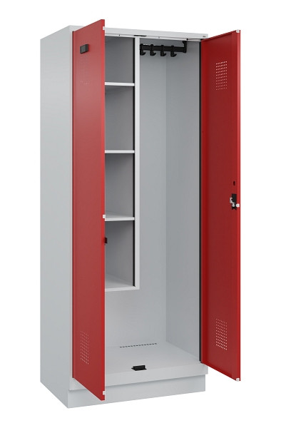 C+P Putzmittel-Spind Evolo PLUS, mit Sockel, 2 Abteile, 1950x800x500mm, 7035/300, Frontfarbe RAL 3000 feuerrot, Zylinderschloss, 049120-02 S10030