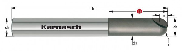 Karnasch CVD-3D-Radiusfräser mit Kugelstirn d= 12,0 r= 6,0 l3=60 Z=2 d2=12 Composites/Titan/Graphit, 29652212006012