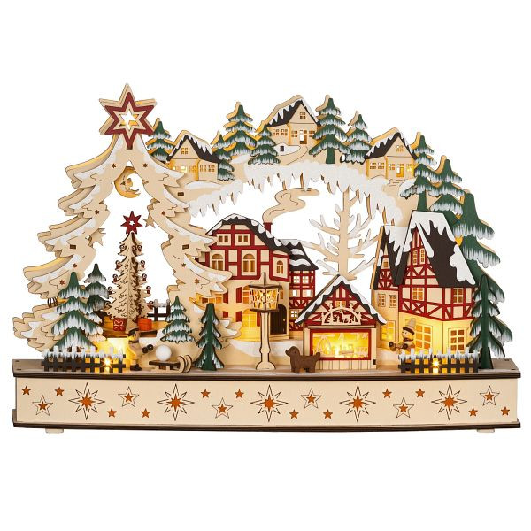 HOMCOM Weihnachtsdorf im Winterwunderland, 20 LED-Lichter, mehrschichtig, Naturholz, 45 x 12 x 30 cm, 830-873V00ND