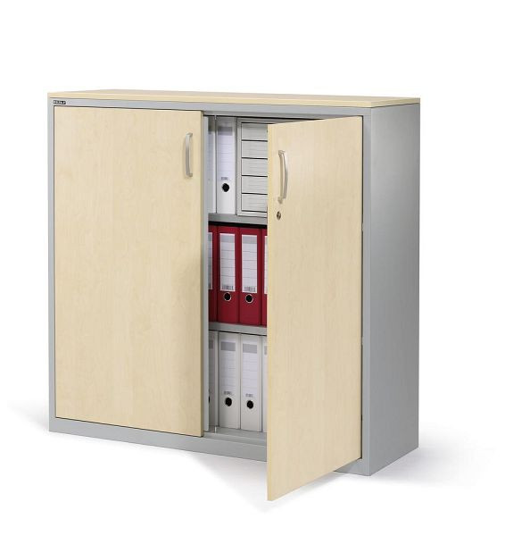 Deskin Flügeltürenschrank CONCEPT LINE, Ahorndekor, Korpus Metall Alusilber, B 800 x H 1160 x T 420 mm, inkl. Topplatte, 2 Fachböden, 3 Ordnerhöhen, 270241