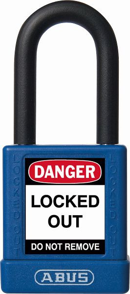 Abus Safety Schloss, 40 mm, Aluminiumkörper und Bügel kunststoffummantelt, mit Warnaufklebern 74/40 blau, VE: 6, 59109 9