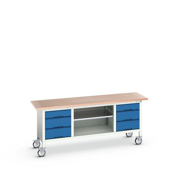 bott verso mobile Kastenwerkbank (Multiplex) mit 6 Schubladen und 1 Ablageboden, BxTxH: 2000 x 600 x 830 mm, Lichtgrau / Enzianblau, 16923234.11