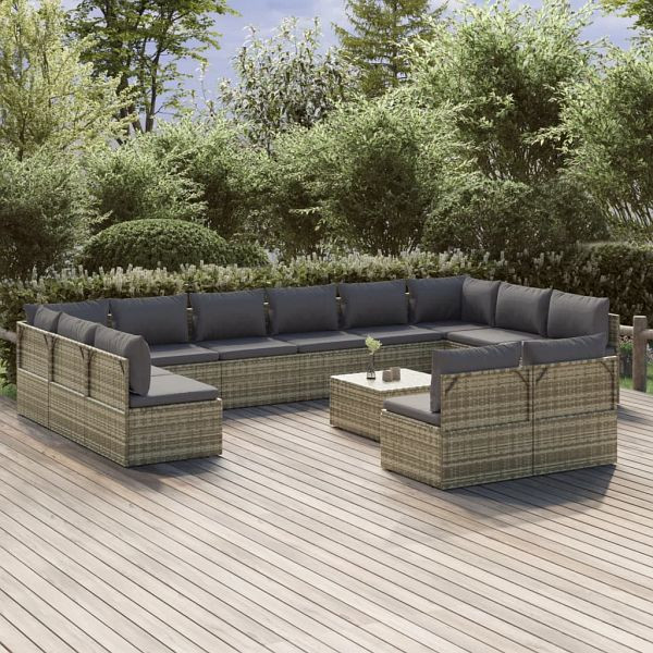 vidaXL 13-teilig Garten-Lounge-Set mit Kissen Grau Poly Rattan, 3157348