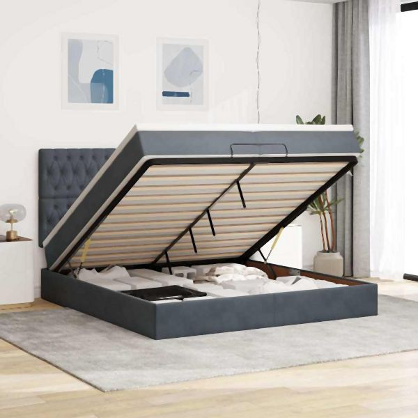 vidaXL Ottoman-Bett mit Matratzen & LEDs Dunkelgrau 200x200 cm Samt, 3314415
