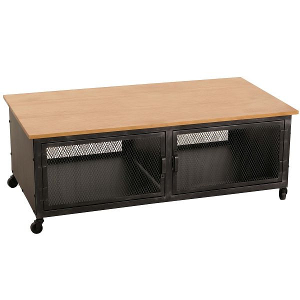 Mendler Couchtisch HWC-N28, Sofatisch, Rollen 2 Fächer, 3D-Struktur Industrial Retro Metall Holz 45x120x60cm, schwarz, natur, 106031