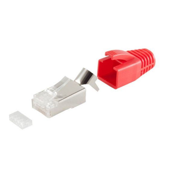 shiverpeaks BASIC-S, Netzwerk Modular Stecker RJ45 SET für Verlegekabel bis AWG 23, Stecker mit Zugentlastung, Einführhilfe und Tülle, rot, BS72067-R