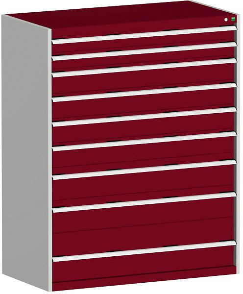 bott cubio Schubladenschrank bestückt mit 9 Schwerlastschubladen BxTxH: 1300 x 750 x 1600 mm, RAL 7035/3004, 40030076.24V