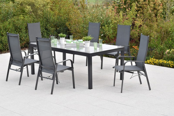 Merxx Alassio Set 7-teilig, 6 Alassio Sessel, Rückenlehne durch Gasdruck verstellbar, 1 Semi Ausziehtisch, 180 (250) x 100 cm, 51041-309
