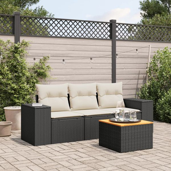 vidaXL 4-teilig Garten-Sofagarnitur mit Kissen Schwarz Poly Rattan, 3257645