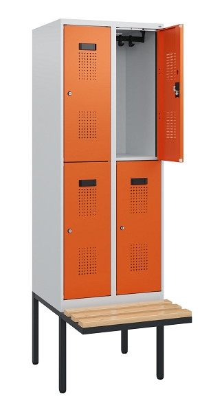 C+P Doppelstock-Spind Evolo PLUS, Bank, 4 Fächer, 1950x600x815mm, 7035/2004, Zylinderschloss, Sitzfläche Buche-Hartholz, 0493405-20 S10022