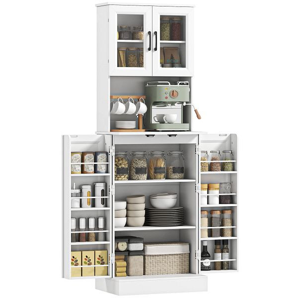 HOMCOM Küchenschrank, verstellbares Regal, Arbeitsplatte, Acryltüren, Kabelloch, für Wohnzimmer, Küche, Esszimmer, MDF, Weiß, 83A-399V90WT
