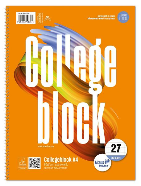 Ursus Style Collegeblock LIN27 - A4, 80 Blatt, 60 g/qm, 9mm liniert mit Randlinien, 040993027