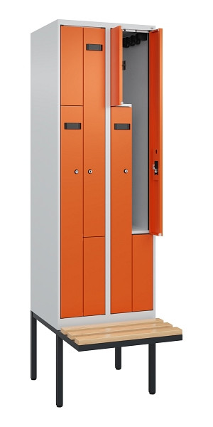 C+P Z-Spind Evolo PLUS, Bank, 4 Fächer, 2120x600x815mm, 7035/2004, Zylinderschloss, Sitzfläche Holz, 0490437-204 S10028