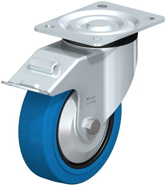Blickle L-POEV 160R-FI-SB-FA Stahlblech-Lenkrolle, mittelschwere Ausführung, mit Anschraubplatte & Feststeller, Elastik-Vollgummi, Blau, 681031