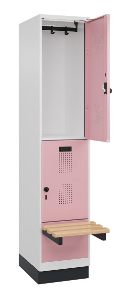 C+P Doppelstock-Spind Evolo PLUS, Bank, 2 Fächer, 1950x400x815mm, 9016/3015, Drehriegel, Sitzfläche Buche-Hartholz, mit Sockel, 049340-12 S10018
