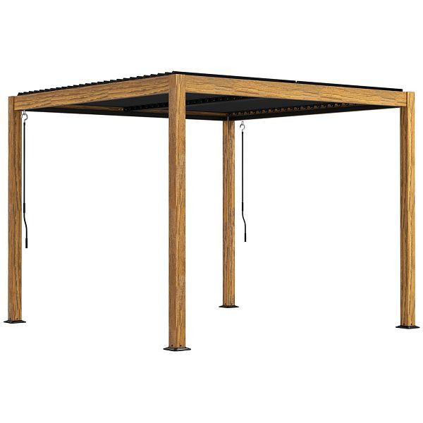 Outsunny Pergola Gartenzelt, wetterbeständig, Handkurbel, Aluminium, 3x3m, Schwarz/Natur, 84C-454V00ND