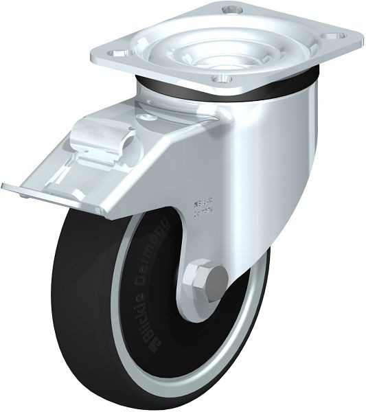 Blickle LK-PATH 125K-1-FI-ELS-FK Stahlblech-Lenkrolle, schwere Ausführung, mit Anschraubplatte & Feststeller, Thermoplastisches Polyurethan, Grau, 852248