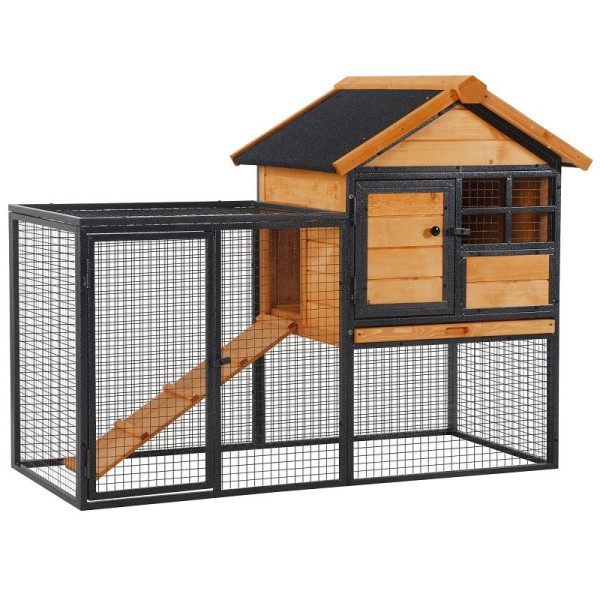 PawHut Kleintierstall mit Freigehege und Rampe 122 x 63 x 92 cm Tannenholz Metall Hellgelb+Dunkelgrau, D51-175