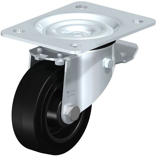 Blickle LK-POEV 100R-3-ST Stahlblech-Lenkrolle, schwere Ausführung, mit Anschraubplatte & Feststeller, Elastik-Vollgummi, Schwarz, 337311