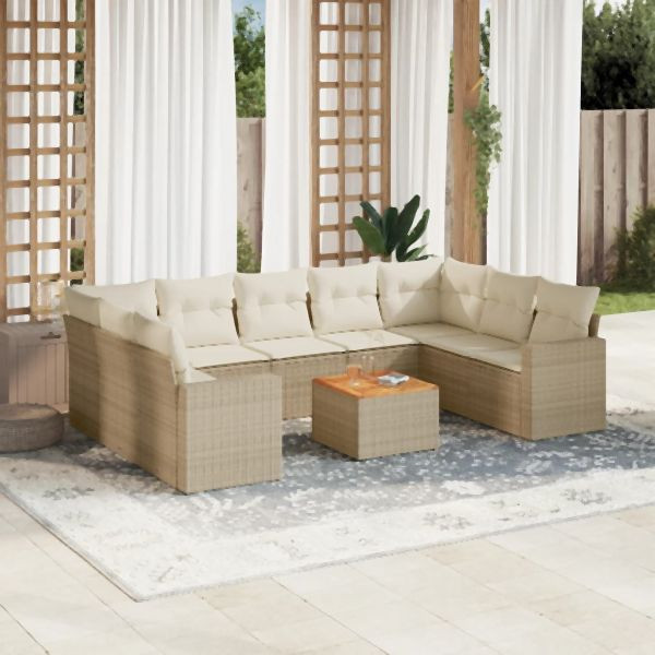 vidaXL 10-tlg. Garten-Sofagarnitur mit Kissen Beige Poly Rattan, 3224266