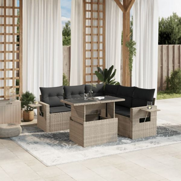 vidaXL 6-tlg. Garten-Sofagarnitur mit Kissen Hellgrau Poly Rattan, 3267902