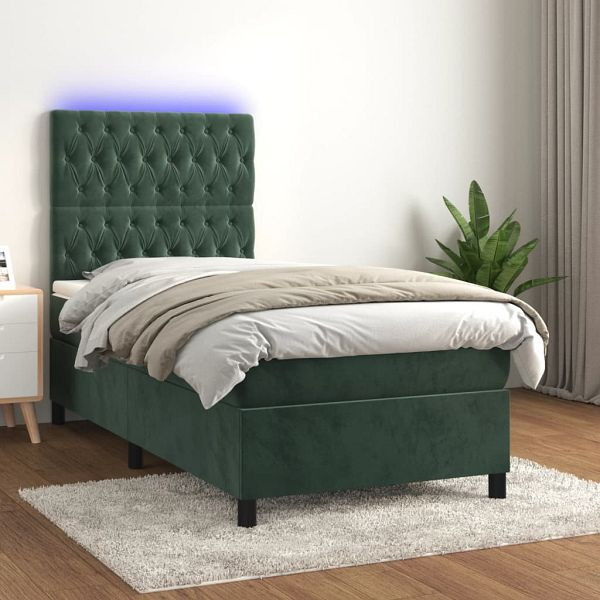 vidaXL Boxspringbett mit Matratze & LED Dunkelgrün 100x200 cm Samt, 3136290