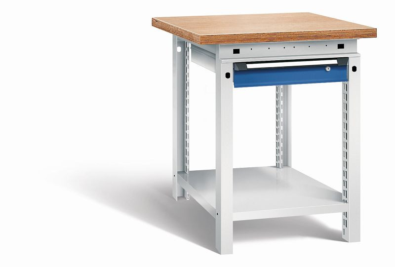 Otto Kind Werkbank Serie function Typ 103, Multiplexplatte 40 mm, überstehend, 1Schublade 120 mm, Gehäuse RAL 7035, Front RAL 5010, 072320286