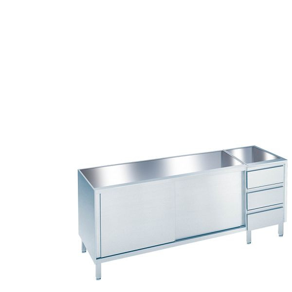 CHROMOnorm Arbeitsschrank mit Schiebetüren und Schubladenblock rechts, Tiefe 660 (700)mm, ohne Tischplatte, SS0714US3R0