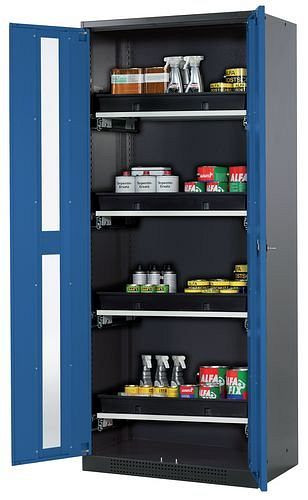 asecos Chemikalienschrank Systema-T CS-84G, Korpus anthrazit, Flügeltüren blau, 4 Tablarauszüge, 208930