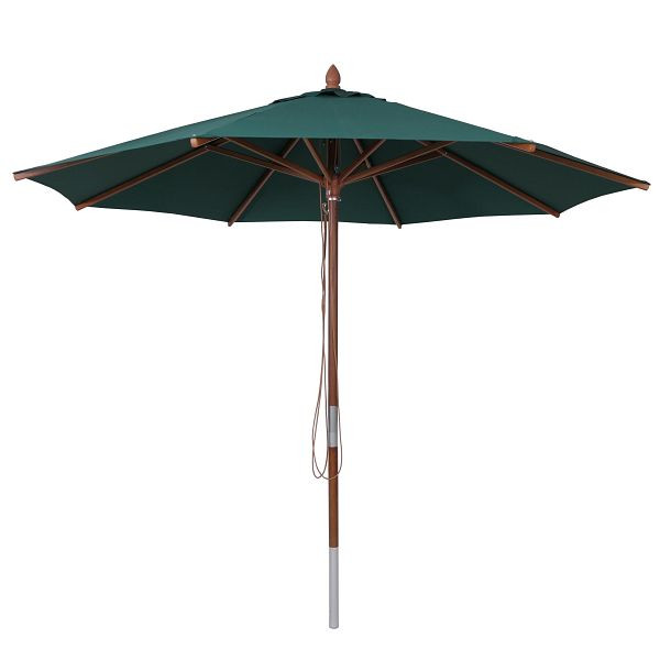 Mendler Gastronomie Holz-Sonnenschirm HWC-C57b, Gartenschirm, Polyester/Holz 14kg, rund Ø3m Seilzug stoßsicher, dunkelgrün, 120499