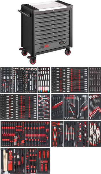 VIGOR Werkstattwagen VIGOR 1000 XL mit Edelstahl Arbeitsplatte, Gesamtlänge: 940 mm, Anzahl Werkzeuge: 499, V4481-X/499
