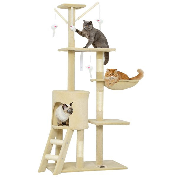 PawHut Kratzbaum Katzenbaum mit Höhle, 4 Spielzeuge, Sisalstämme, große Plattform, Treppe, für Katzen unter 5 kg, Beige, D30-166V01BG