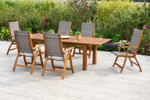 Merxx Acapulco Set 7-teilig, 6 Acapulco Klappsessel, gepadded, 1 Doppelausziehtisch, 180 (220/260) x 100 cm, 50120-309