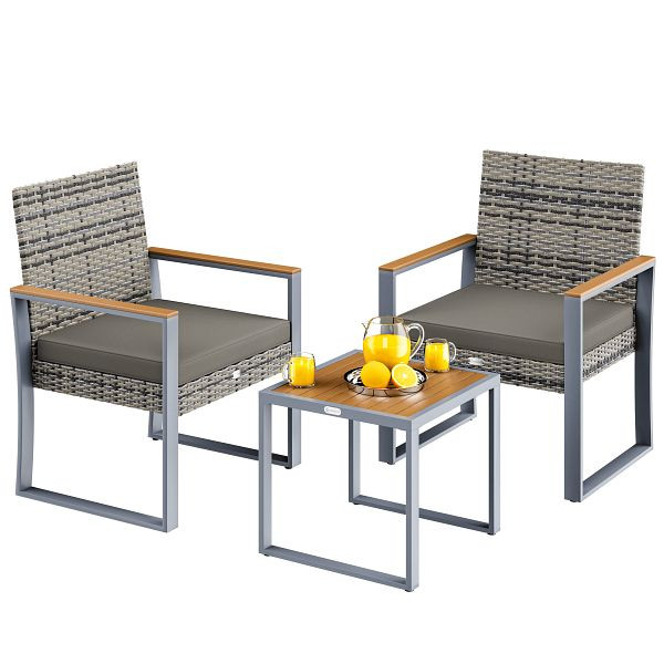 casaria Polyrattan Gartensitzgruppe 3-tlg Grau Akazie, 109727