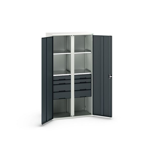 bott verso Flügeltürschrank mit Schubladen, mit 4 Fachböden und 8 Schubladen, BxTxH: 1050 x550 x 2000 mm, Lichtgrau / Anthrazitgrau, 16926583.19