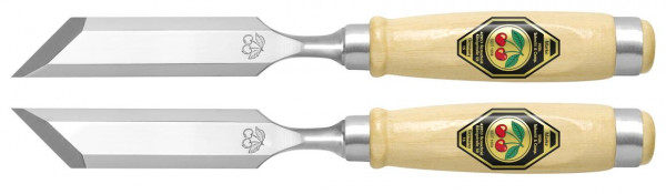 Kirschen Stechbeitelpaar mit schräger Schneide, 12 mm, Weißbuchenheft, rechts + links, 1056012