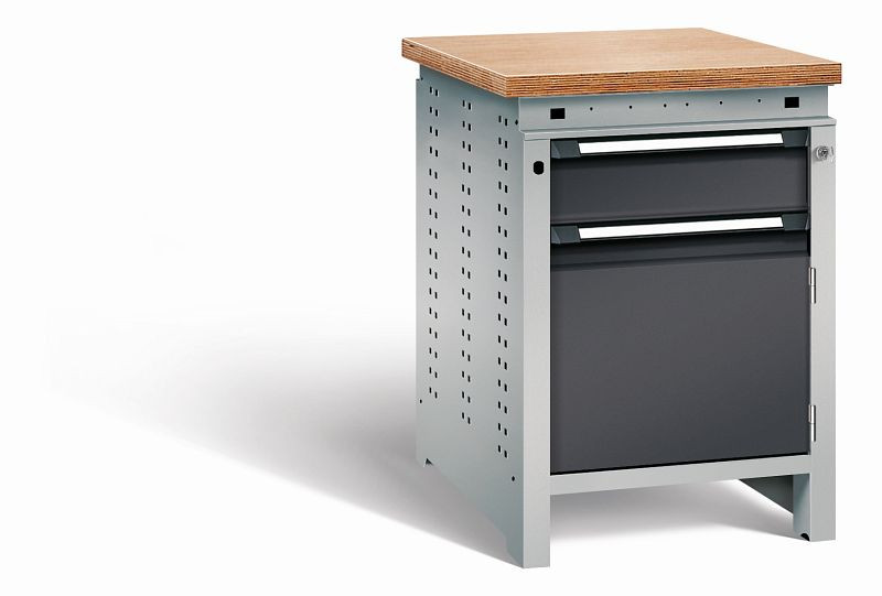 Otto Kind Werkbank Serie function Typ 105, Multiplexplatte 40 mm, bündig, Unterbau mit Zentralverschluss, Gehäuse RAL 9006, Front RAL 9005, 07232213N
